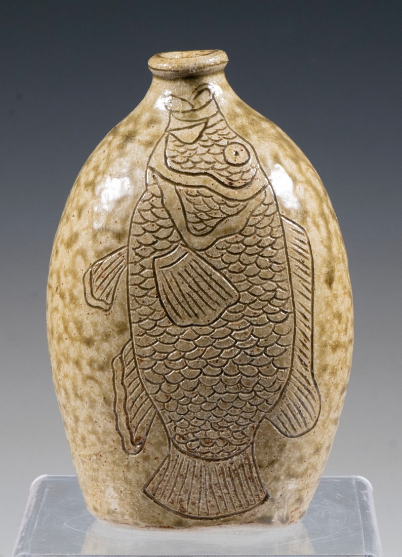 MICHAEL BAYNE (SC, 20TH-21ST C.) POTTERY: Southern Glazed Stoneware Flask, with incised fish decoration, signed "Bayne Maker, SC", 6 1/2" high, 4" x 2 1/2".