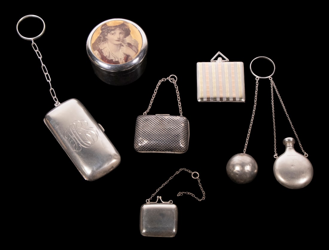 (6) VINTAGE SILVER ACCESSORIES: Including: Art Deco Tiffany & Co. sterling and 14K yellow gold pendant locket with engine turned decoration, 1 3/4" x 1 3/4", plus 1/2" drop loop; English Edwardian era sterling vanity jar, by Mitchel