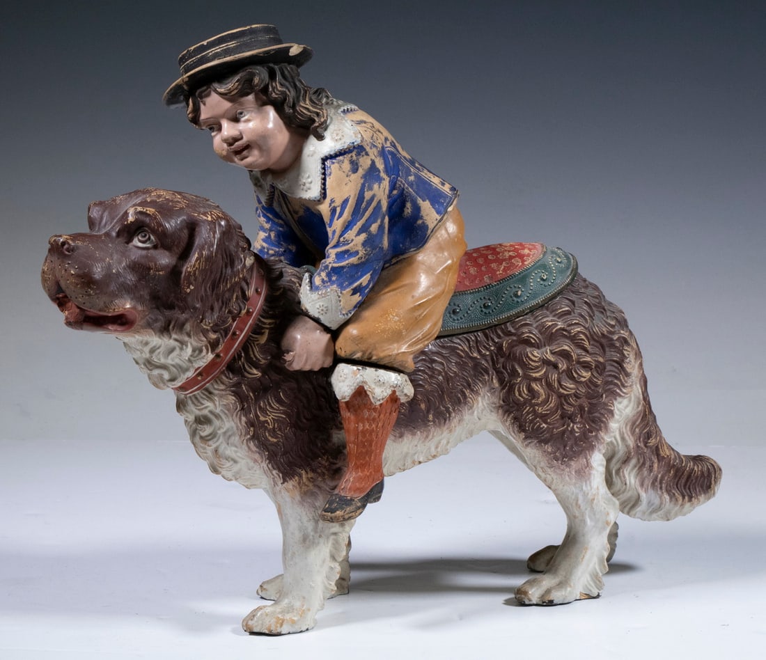 FERDINAND GERBING FIGURAL TERRACOTTA HUMIDOR JAR: 19th c. Two-Piece Tobacco Jar or Trinket Box, by Ferdinand Gerbing (Bodenbach, Germany, now in the Czech Republic), in the form of a child riding a St. Bernard dog, impressed "FGW (for Ferdinand Gerbi