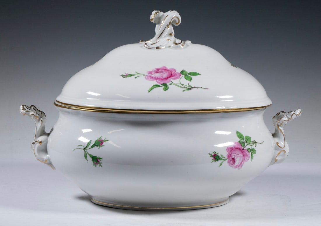 MEISSEN PORCELAIN "ROSE PINK" TUREEN: German Porcelain Covered Tureen, Rose Pink pattern, ca. mid-20th c., with hand painted decoration, gilded highlights, blue crossed swords mark on base. 11" high, 15 1/2" x 9 1/2".From the Estate of Bo