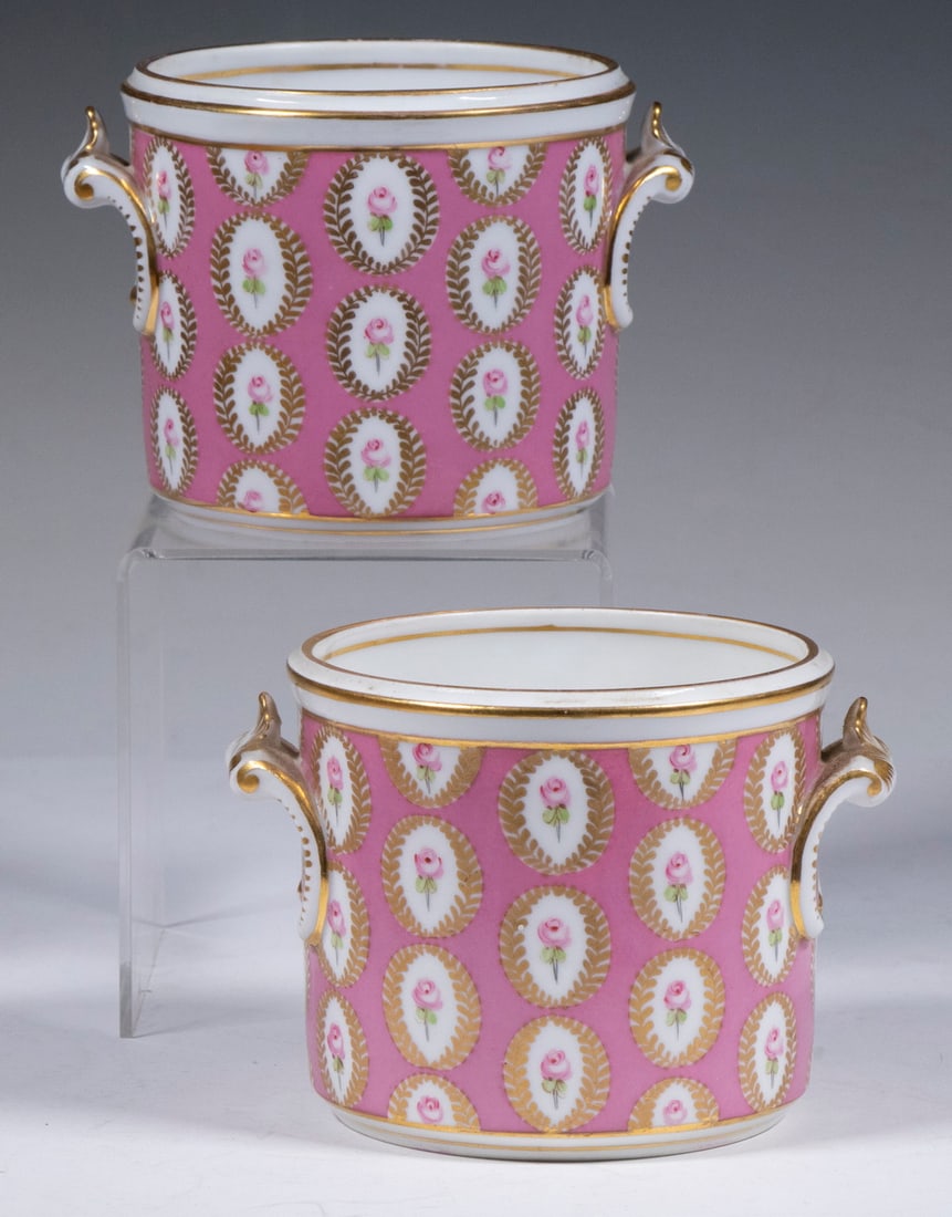 PR DRESDEN PORCELAIN CACHEPOTS: Pair of Petite German Hand Painted Jardinieres, early 20th c., from the Thieme factory in Potschappel, with side handles, floral decoration on a pink ground, bases with the SP Dresden mark mark, 3 3/4