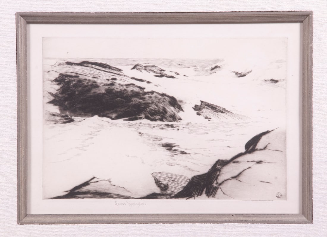 SEARS GALLAGHER (MA/ME, 1869-1955): Monhegan Whitecaps, etching on paper, pencil signed, in gilt oak bullnose frame, linen mat with silver lip, under non-glare plexiglass, OS: 18" x 21", impression: 6" x 8 3/4". Scuff to frame.