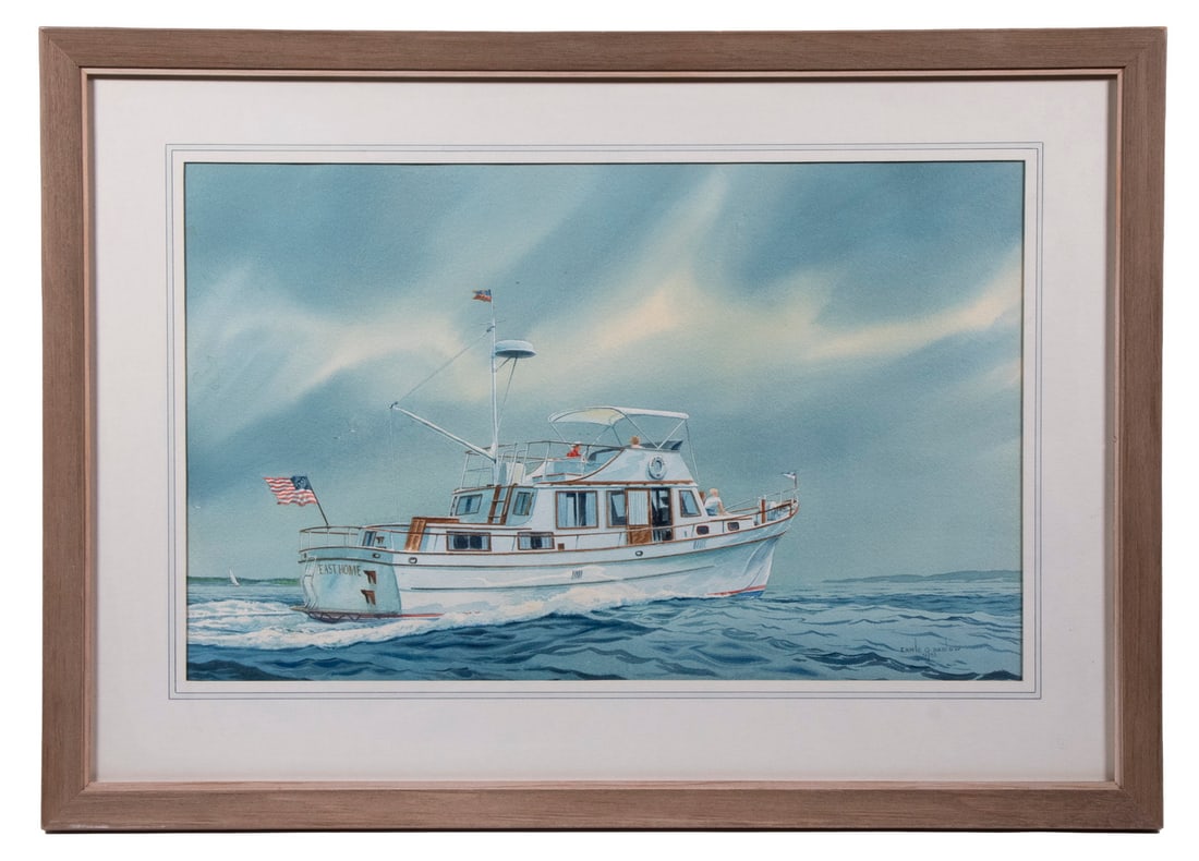 EARLE G. BARLOW (ME, 1923-2013): Motor Yacht "East Home", depicted underway, a three-quarter stern view, watercolor, signed lower right and dated 1982, in mitered pale teak frame, matted under glass, OS: 17 1/2" x 24 1/2", SS: 11 1/2