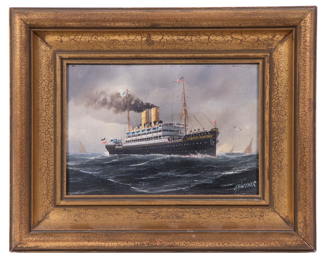 MINIATURE OCEAN LINER PAINTING: German Steamship "Grosser Kurfurst" underway, oil on canvas board, signed "G. Hagener", ln gold cove frame, OS: 8" x 10", SS: 4 1/4" x 6 1/4".