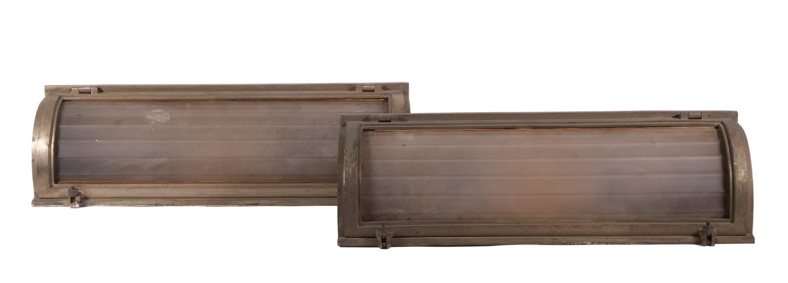 PR ORIGINAL LIGHT FIXTURES FROM R.M.S. QUEEN MARY: Pair of 1930s Era Brass Mounted Ceiling Corner Light Fixtures, from the Cunard White Star Line R.M.S. Queen Mary, having an Art Deco design, each with inset frosted glass shade, two-socket interior (a