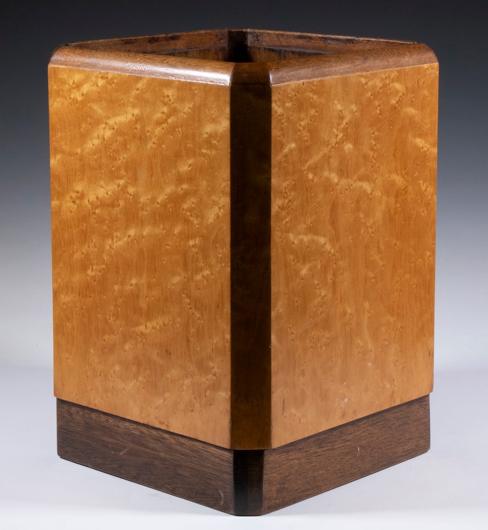 R.M.S. QUEEN MARY WASTE BASKET: Original First Class Stateroom Waste Bin, from the Cunard White Star Line R.M.S. Queen Mary, square shape in oak with Birdseye maple veneers, stenciled "Queen Mary, 1st Class" on base, 15 1/2" high, 1