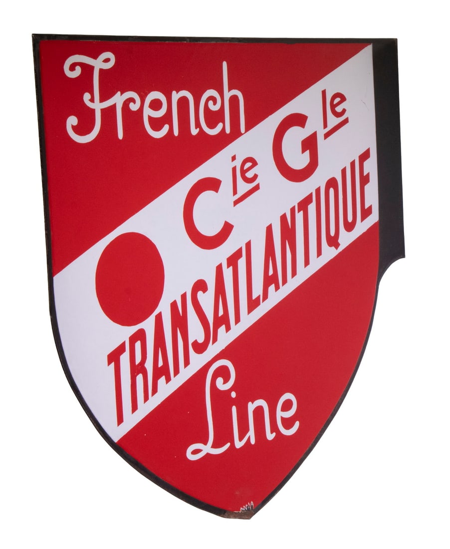 CIE GLE TRANSATLANTIQUE FRENCH LINE ENAMEL 2-SIDED SIGN: Vintage Two-Sided Enameled Porcelain Flange Sign, circa 1930s, for French shipping company Compagnie Generale Transatlantique; in the mid-1930s, the Company revitalized its transatlantic passenger ser