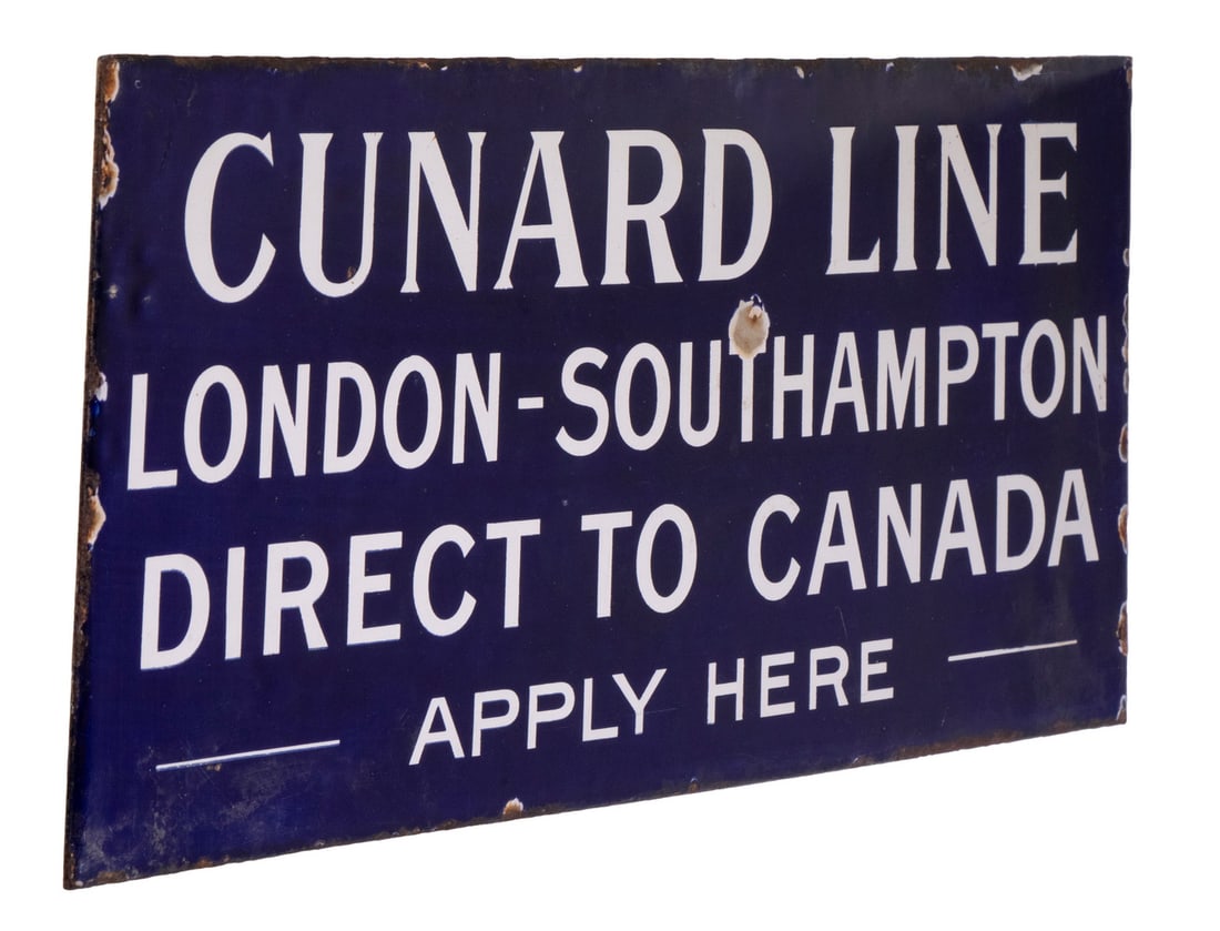 CUNARD LINE PORCELAIN ENAMEL FLANGE SIGN: Vintage Two-Sided Projecting Wall Sign, circa 1920s, for Cunard Line's ships to Canada, by Willing & Co. Ltd., London, 8" x 18". Edge losses.