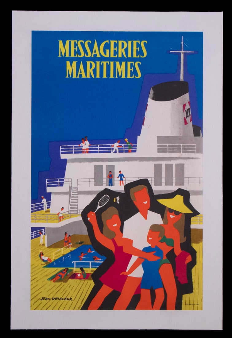 1966 FRENCH OCEAN LINER TRAVEL POSTER, UNFRAMED: Messageries Maritimes depicting a family on the deck of the "Pasteur" home port Dunkerque, by Jean Desaleux, printed by Theo Brugere, linen backed, 19 1/2" x 12".