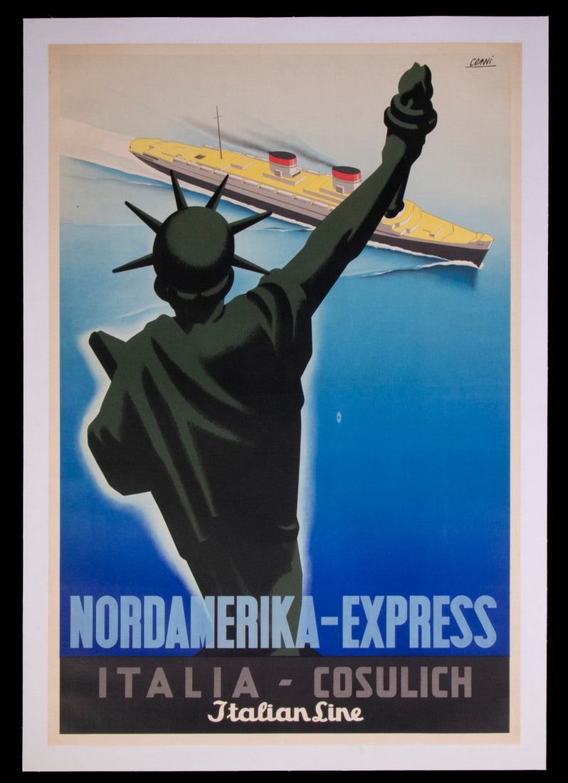 1937 ITALIAN LINE TRAVEL POSTER, UNFRAMED: Nordamerika-Express, Italia-Consulich, Italian Line, by Renato Cenni (1906-1990), depicting an aerial view of the ocean liner passing behind the Statue of Liberty, 37" x 25", linen backed.