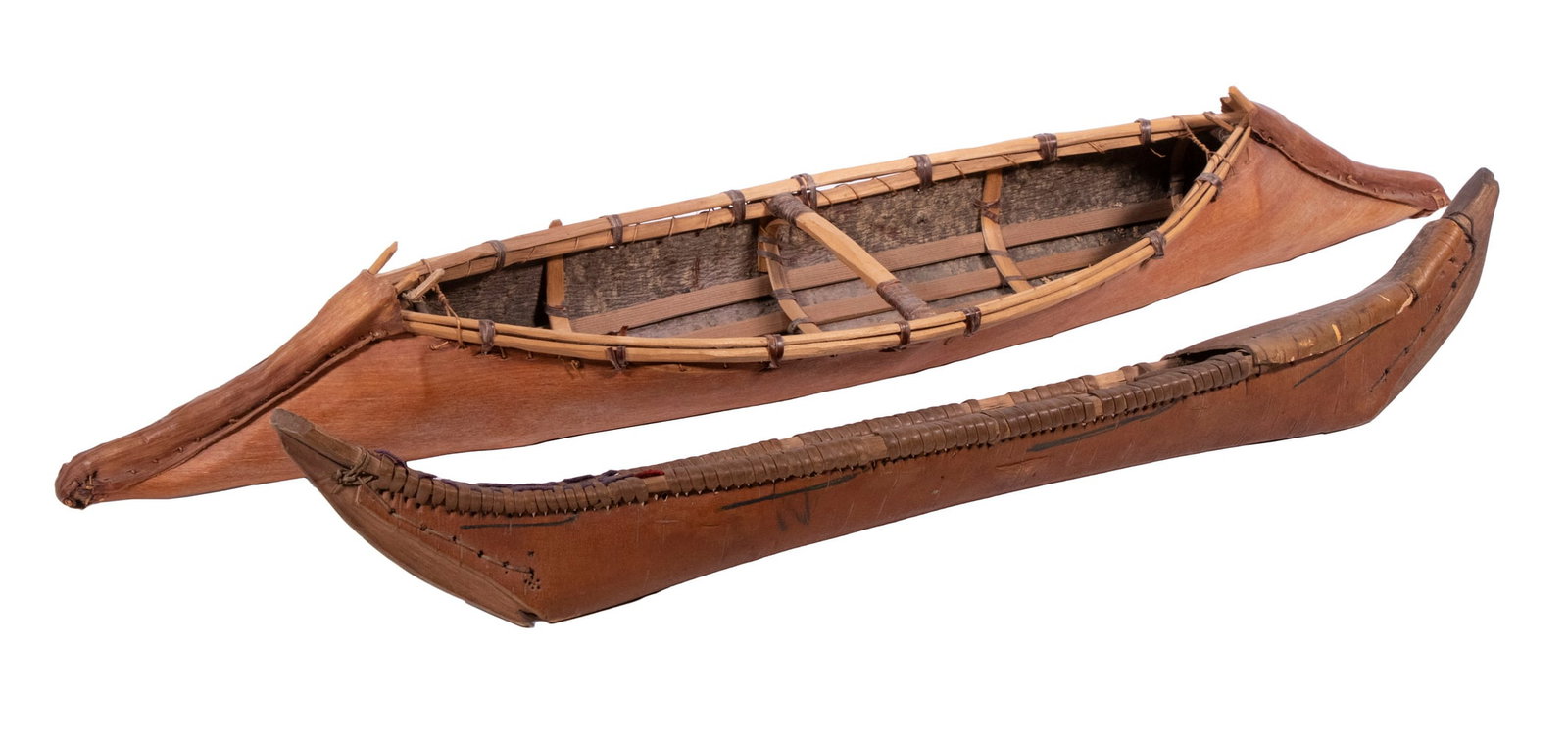 (2) NATIVE AMERICAN TOY CANOES: Birch Bark Canoes of slightly different patterns, circa 1940s, roughly 20" & 24" long. Found in Maine.