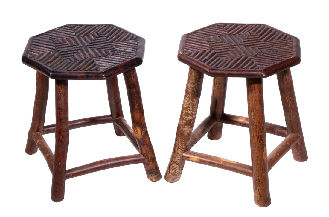 PR ADIRONDACK HEXAGONAL STOOLS: Pair of Vintage Rustic Low Tables or Stools, with painted mosaic twig work tops, set on log bases with stretchers, 17" high, 15 1/2" diam.