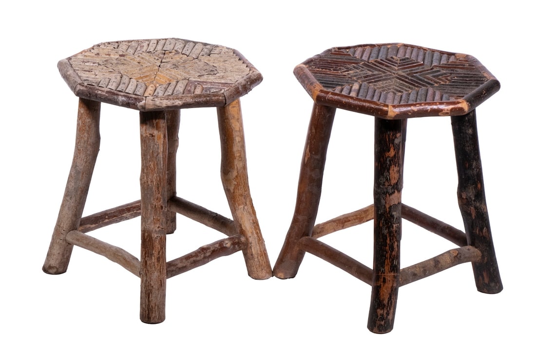 PR ADIRONDACK HEXAGONAL STOOLS: Pair of Vintage Rustic Low Tables or Stools, with mosaic twig work tops, set on log bases with stretchers, 17" high, 15 1/2" diam.
