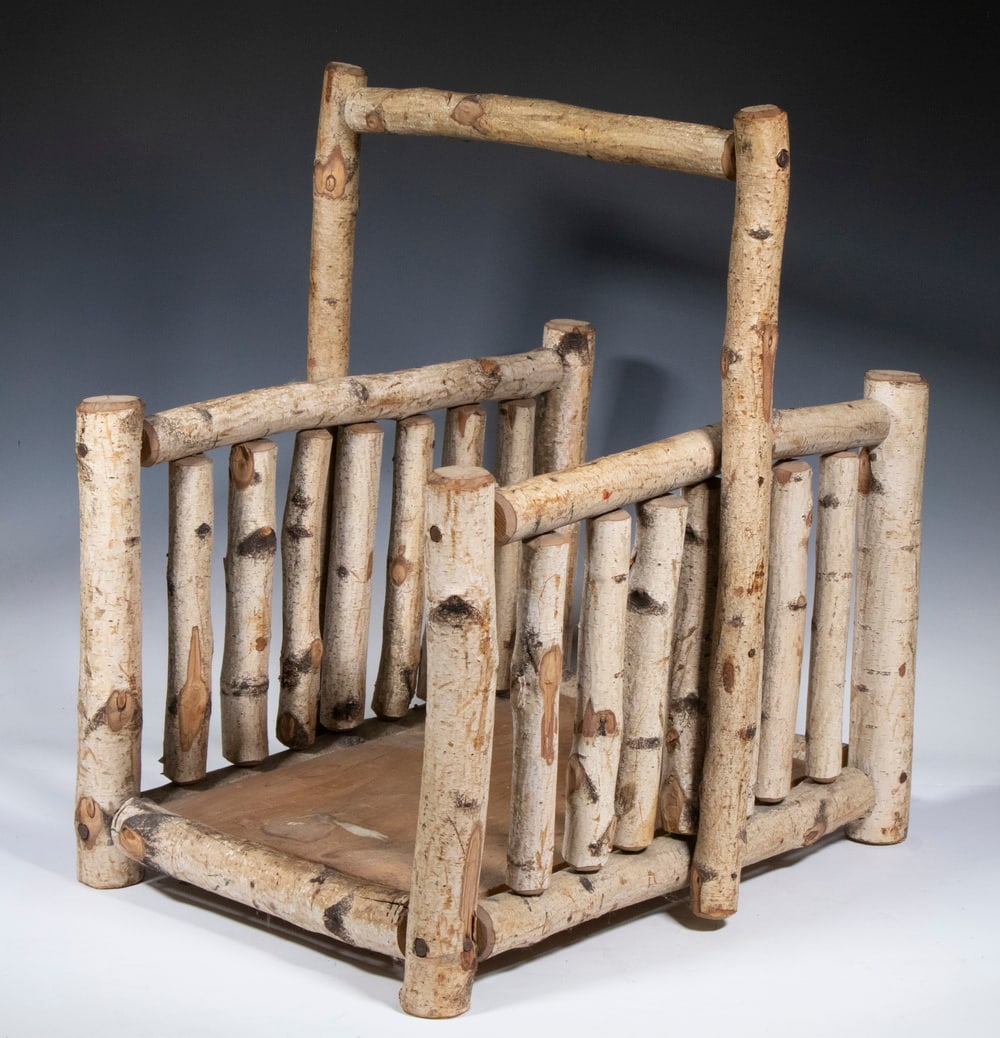 ADIRONDACK WHITE BIRCH LOG CARRIER: Vintage Log Tote, having a birch log frame with top handle and side spindles, 22" high, 20" x 15".