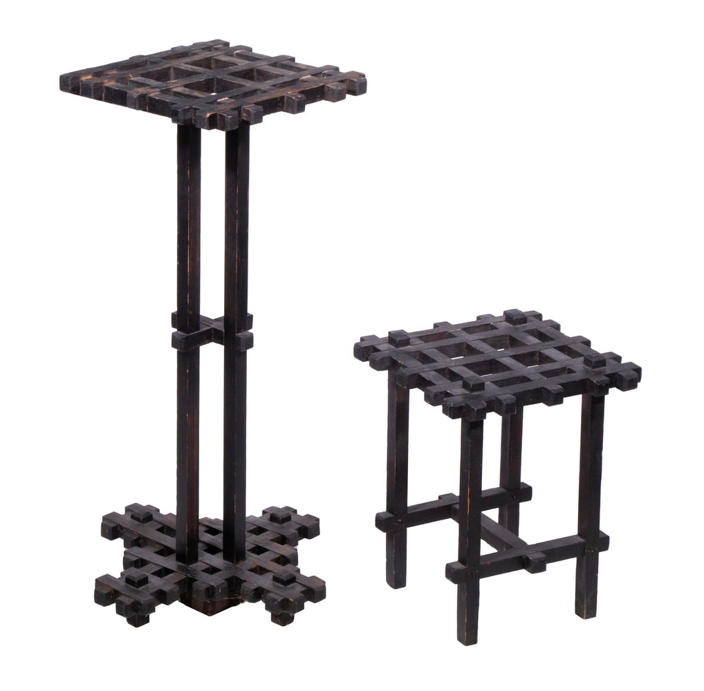 TRAMP ART LATTICE WORK STAND & LOW TABLE: Lot of (2) Vintage Black Painted Stands, with slatted tops, incl: Tall stand with X design lattice base, 32" high, 16 1/2" sq. base; and Low table, 16 1/2" high, 13" sq.