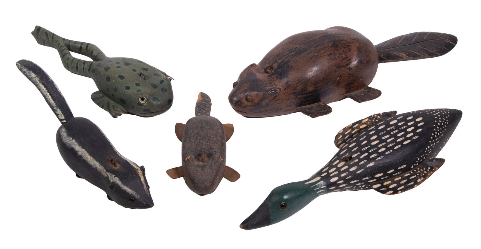 (5) CARVED & PAINTED FISHING DECOYS: Nice Group of Handcrafted Animal Form Decoys, incl: Diving loon, with glass eyes, metal wings, 9 1/2" long; Frog, with glass eyes and metal legs, 7 1 /2" long; (2) Beavers, with metal legs, 5 1/2" and