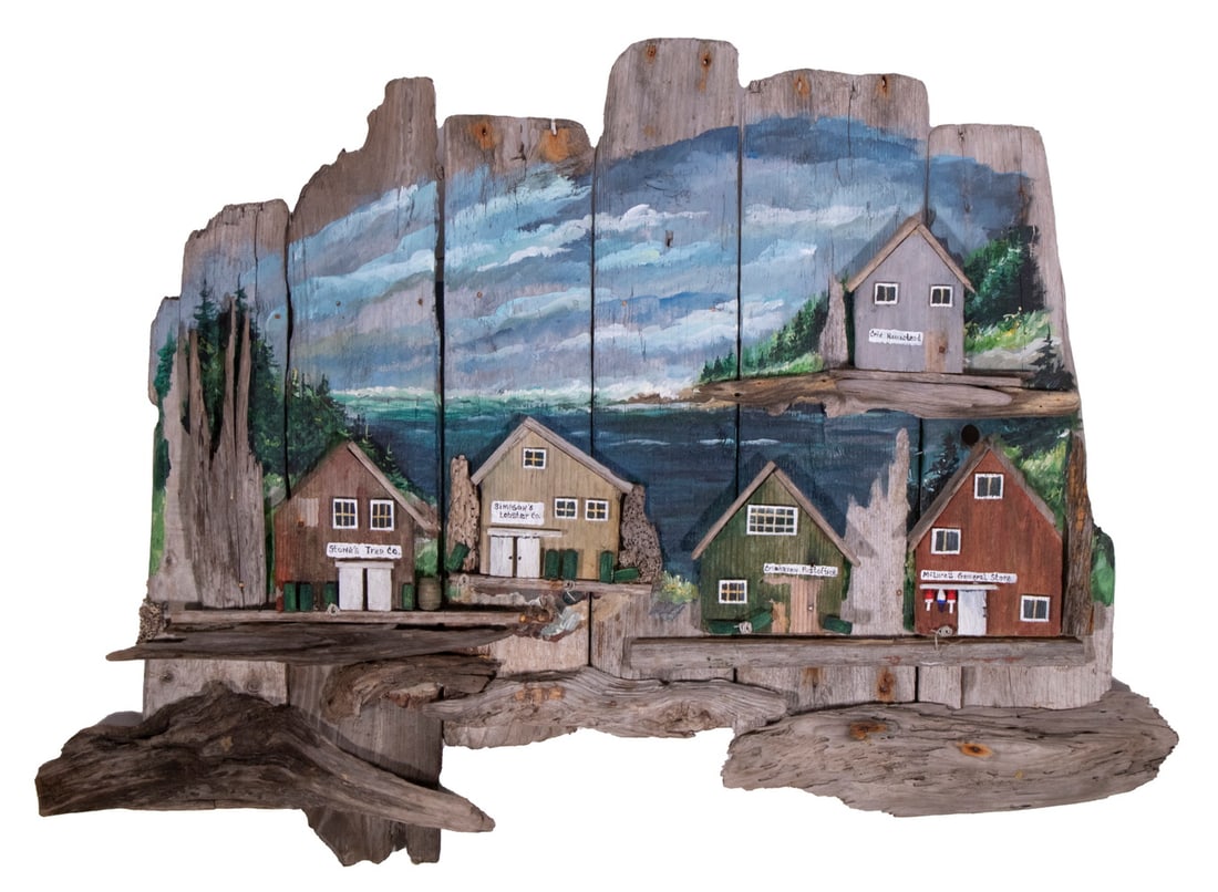 MAINE FOLK ART CRIEHAVEN DIORAMA: Handcrafted Rustic Dock Scene, constructed of painted driftwood and netting, depicting a variety of Criehaven dockside businesses, with painted lighthouse background, unsigned, 21 1/2” high, 30&