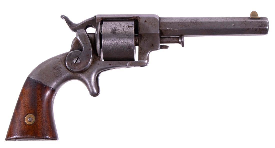 ALLEN & WHEELOCK SIDEHAMMER REVOLVER, .32 RF: A handsome pocket revolver made by Allen & Wheelock of Worcester, Massachusetts. The firearm features an octagonal barrel with brass blade front sight, cylinder stamped with countryside scene, side-mo