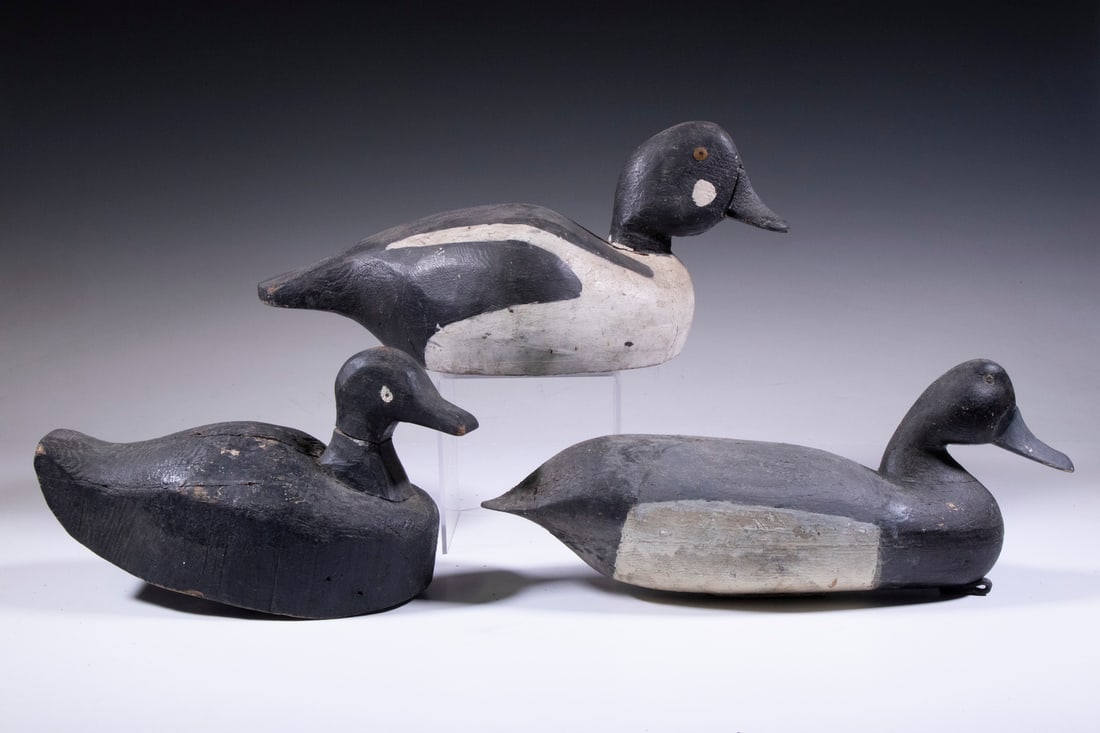 (3) CARVED AND PAINTED DUCK DECOYS: Group of (3) Vintage Working Decoys, incl: Goldeneye drake, with tack eyes, 6 3/4" high, 15" wide; Lesser Scaup drake, 6" high, 15" wide; and Black duck, 6 1/2" high, 11" wide.