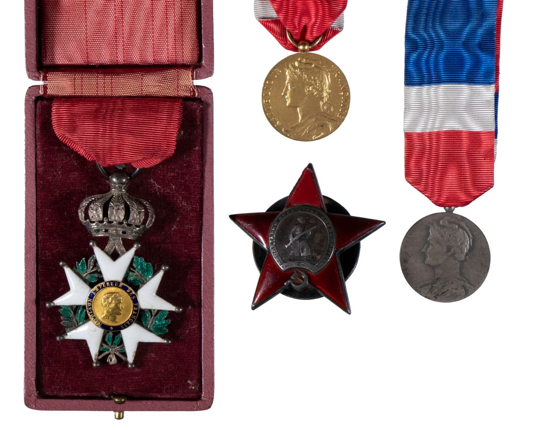 (4) FRENCH MILITARY MEDALS: Including: Cased Legion d'Honneur; PLUS (2) Ministere du Travail et de la Securitie Sociale, one gold/one silver, engrave for E. Barrault, 1950 & 1958; PLUS Russian Red Star Enameled Badge, numbered 1
