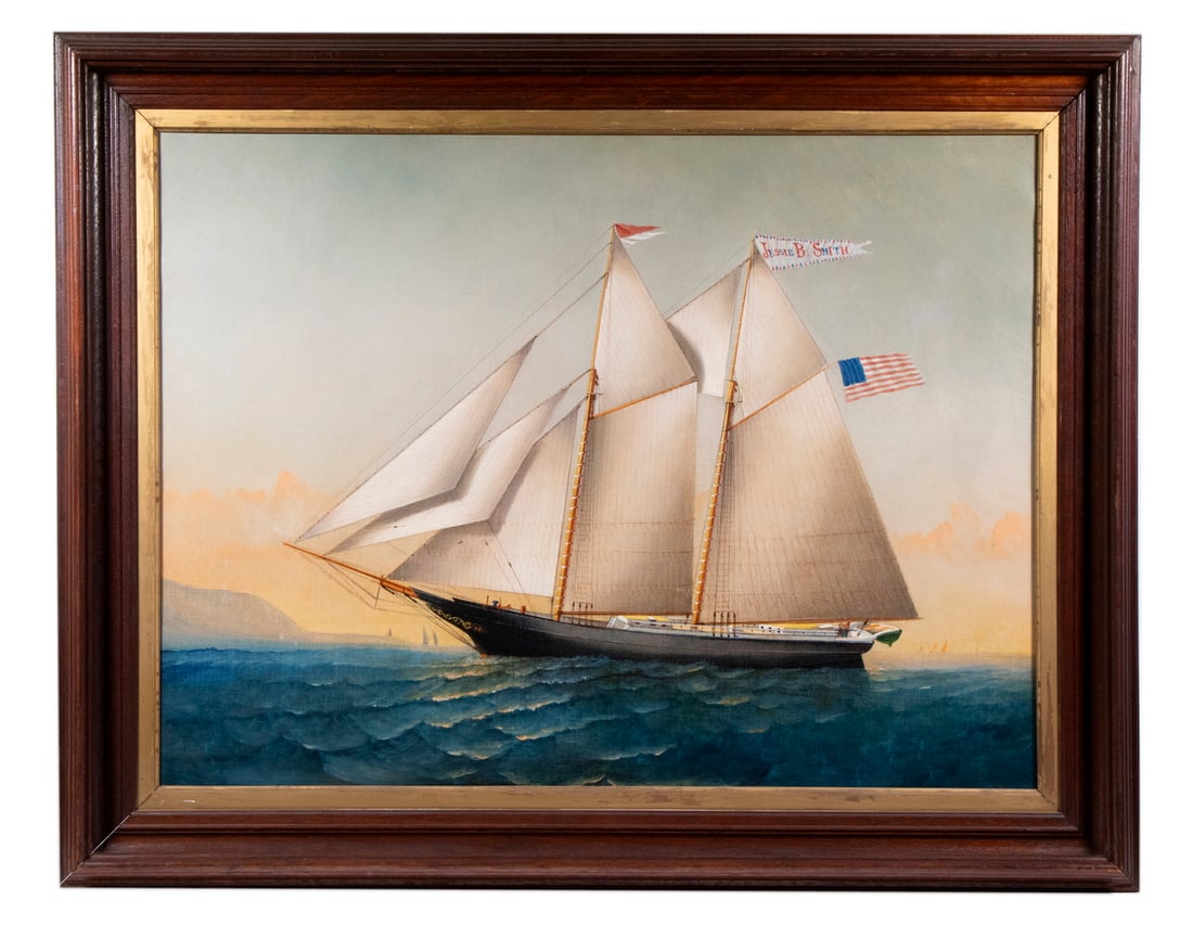 ATTRIBUTED TO ELISHA TAYLOR BAKER (MA, 1827-1890): Portrait of the Schooner 'Jessie B. Smith', circa 1875, depicted underway with full sail, approaching Downeast, Maine, oil on canvas, unsigned, in molded deep cove red walnut frame with gilt liner, OS