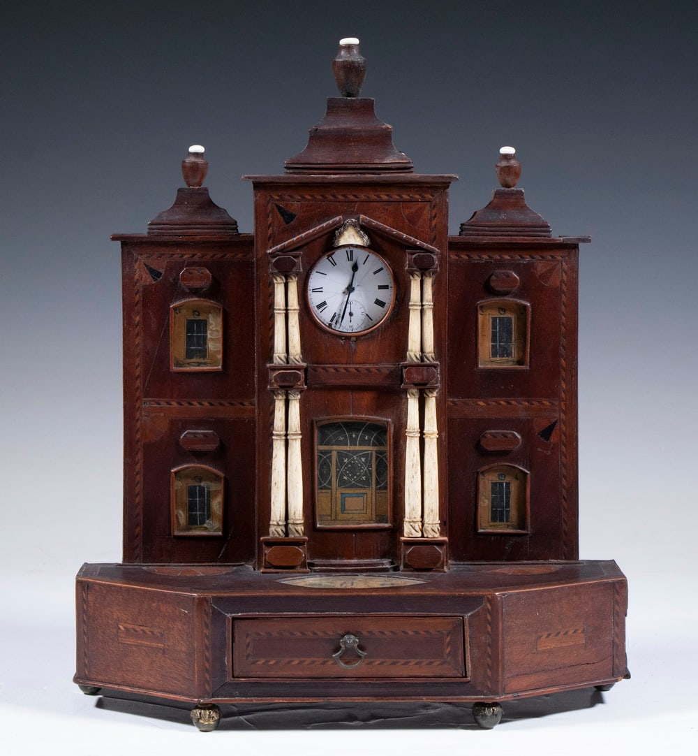 SHERATON PERIOD WATCH HUTCH: Fancy English Mahogany Watch Holder, likely originally a wedding gift, in the form of a building, with parquetry inlay and front mounted whale bone columns, inset watercolor painted windows and front 