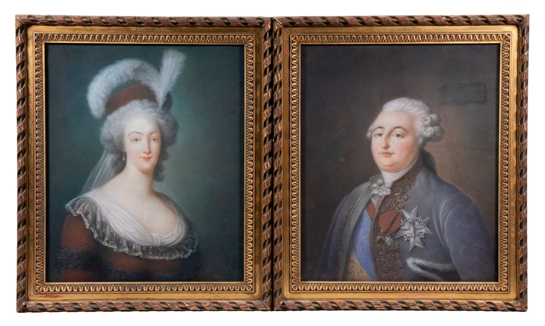 18TH C. FRENCH PASTEL PORTRAITS KING LOUIS XVI & MARIE ANTOINETTE: The Ill Fated King and Queen of France, in pastel on linen backed paper, housed in the original hand carve gilt frames, under old rippled glass, OS: 21 1/2" x 18 1/2", SS: 17 1/2" x 14 1/2"