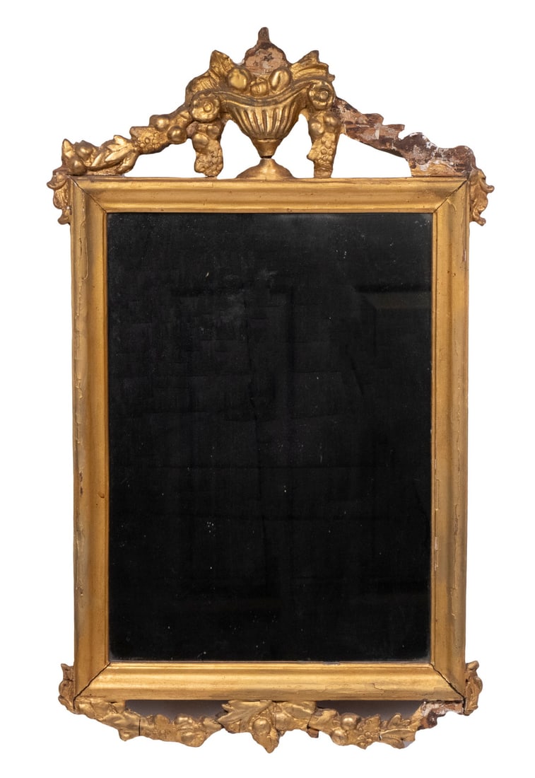 SMALL 18TH C. LOUIS XIV GILT WOOD FRAME: 18th c., having a bountiful urn and garland crest with matching swags at bottom, original glass and backing board, 21 1/2" x 13".From the Estate of Bowdoin Professor William Collins Watterson.