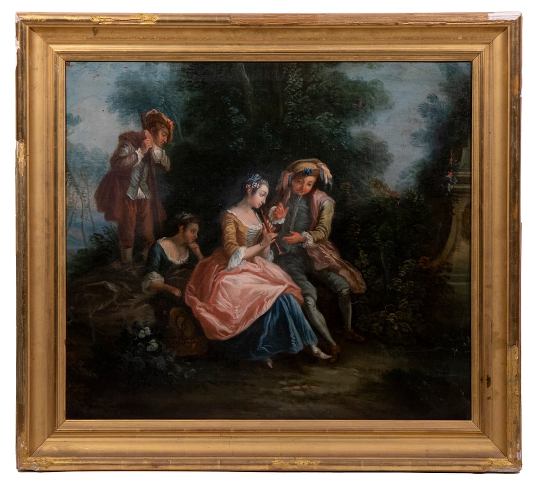 18TH C. FRENCH PARK COURTSHIP PAINTING: The Music Lesson, depicting an aristocrats couple, he is showing her how to play a Recorder, they are attended by a hand maid and a game keeper, oil on canvas, in lemon gold cove frame, OS: 30" x 33",