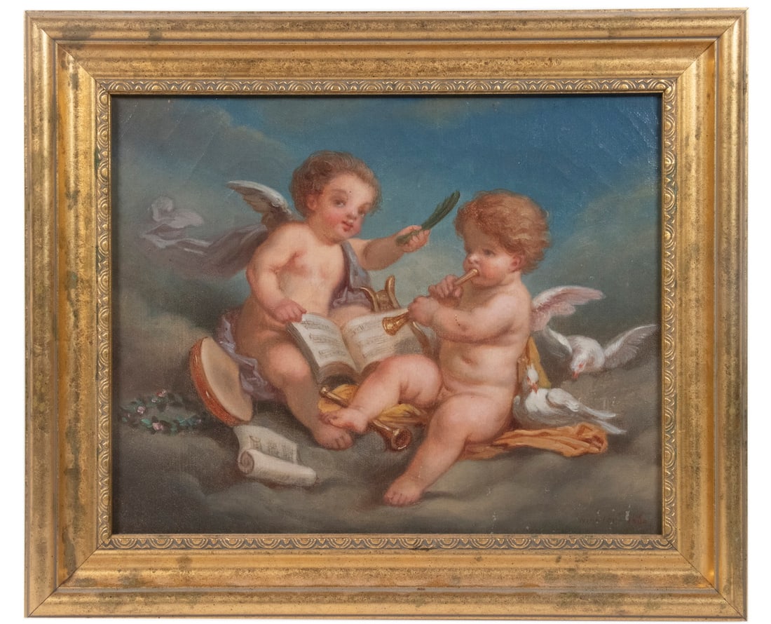 JOSEPH WINKLER (GERMANY, 1839-1877): Two Putti on Cloud with musical instruments and doves, oil on canvas, signed lower right and dated 1860, in replica gilt molded frame, OS: 11" x 13", SS: 8" x 10", multiple repaired punctures.From the