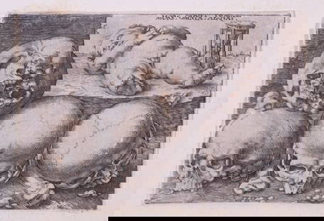 BARTHEL BEHAM (GERMANY, 1502-1540): Rare "Dead Child with Four Skulls", 1529, engraving on laid paper, reverse copy, B.28, P.36II; thread margins, wrinkles, glue stains. Unframed, loose, 2 1/8" x 3". MORS OMNIA AEQVAT, means 'Death equa