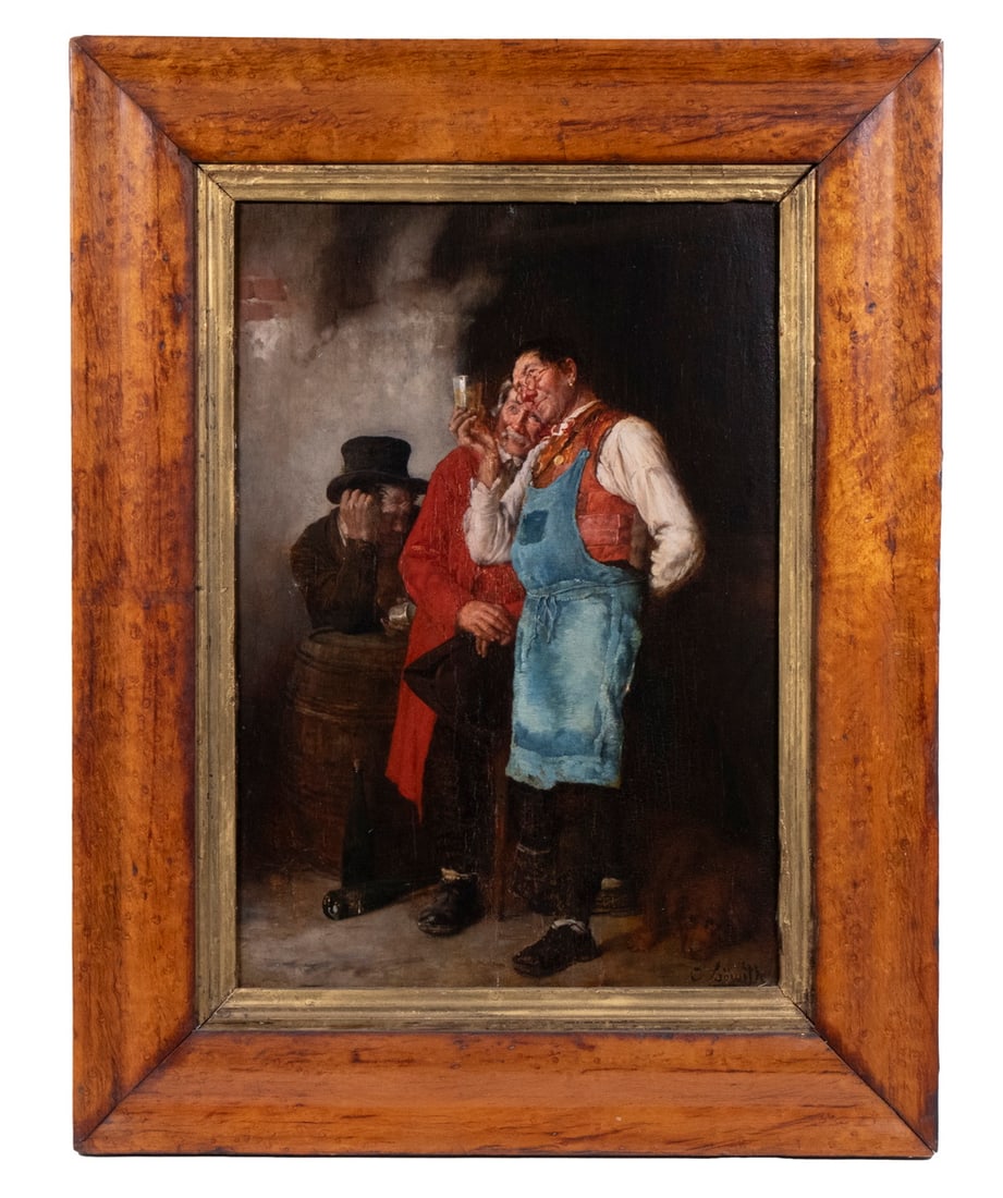 SMALL 19TH C. GERMAN GENRE PAINTING: Bartender Examining a Glass of Liquor with an elderly patron, a third man slumps behind the two, oil on battened panel, signed lower right "C. Lowith", in a birdseye male ogee frame with git liner, OS