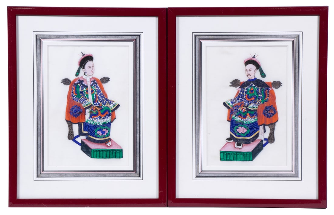 70341 PAIR OF CHINESE PITH PAINTINGS: 19th c. Portraits of Enthroned Ancestors, in plum enamel stick frames, under French ruled mats and glass, OS: 11 3/4" x 9", SS: 7" x 4 1/2".