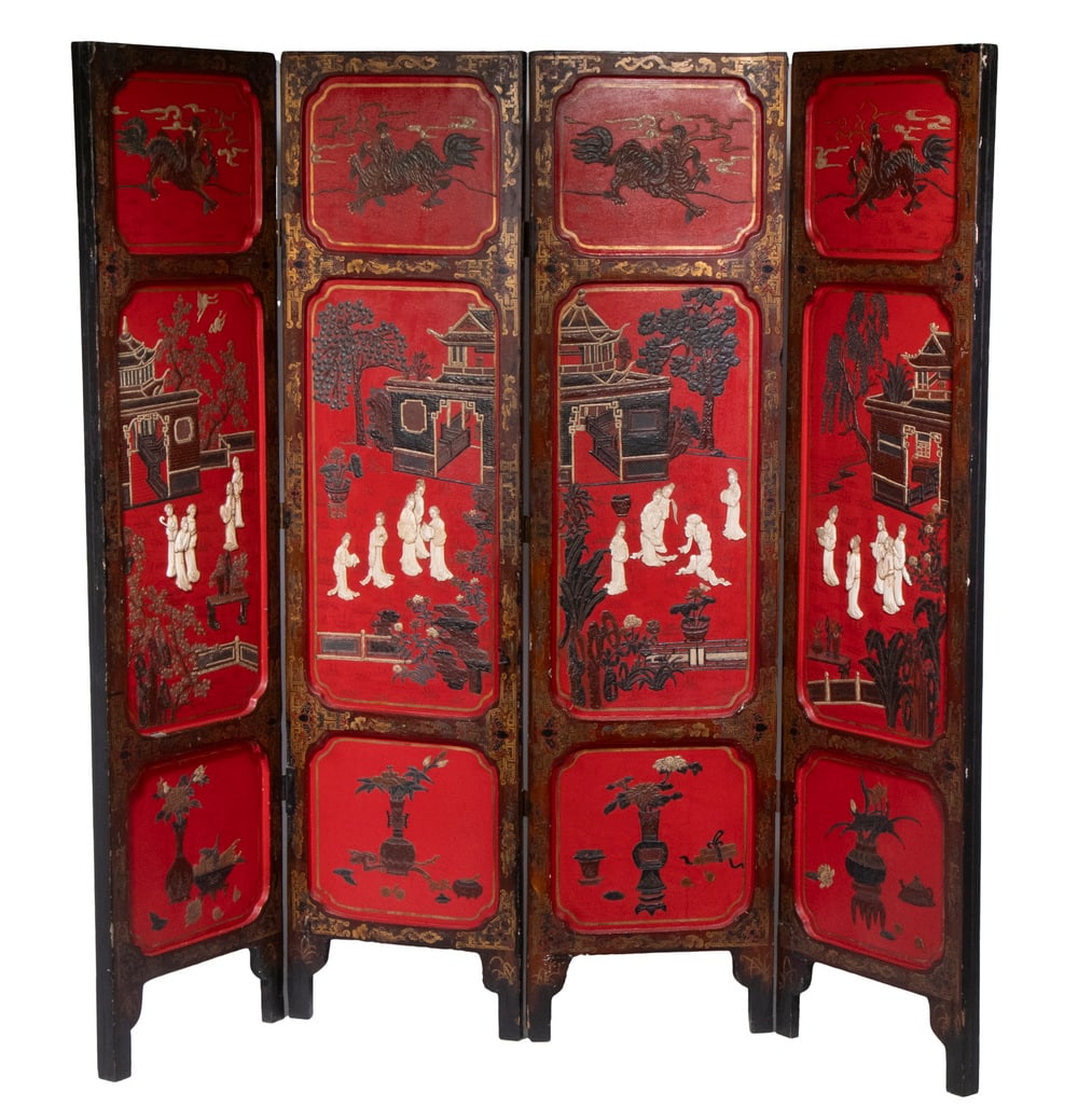 CA 1920'S FOUR-FOLD CHINESE RAISED LACQUER ROOM SCREEN (1 of 5)