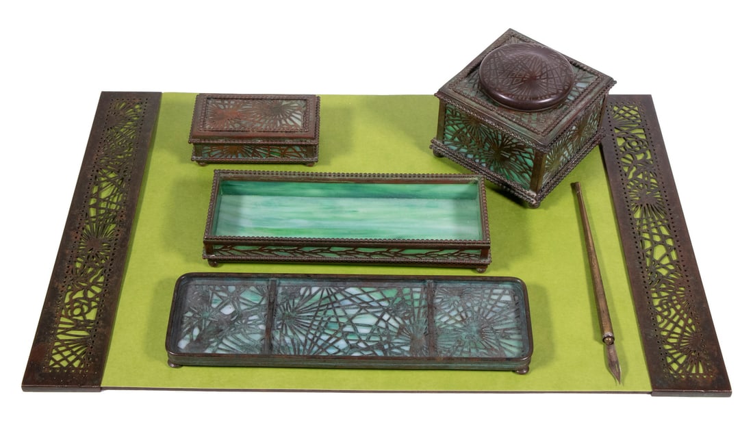 (6 PCS) TIFFANY STUDIOS "PINE NEEDLE" DESK SET, PLUS PEN (1 of 10)