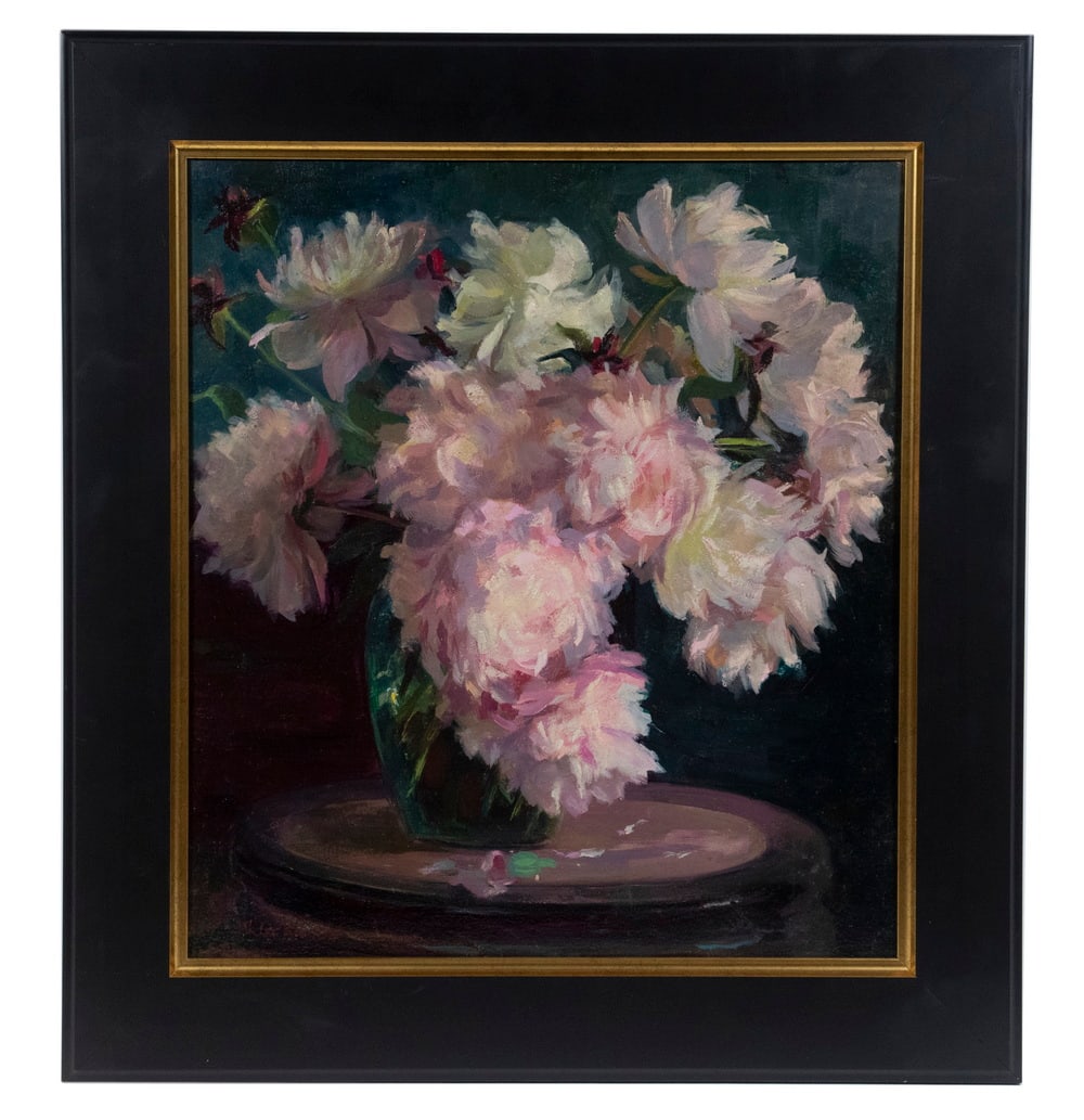 WILTON ROBERT LOCKWOOD (CT/MA/FRANCE, 1861-1914): Pink and White Asters, oil on board, in black panel frame with gilt liner, OS: 25 1/2" x23 1/2", SS: 19 1/2" x 17 1/2".