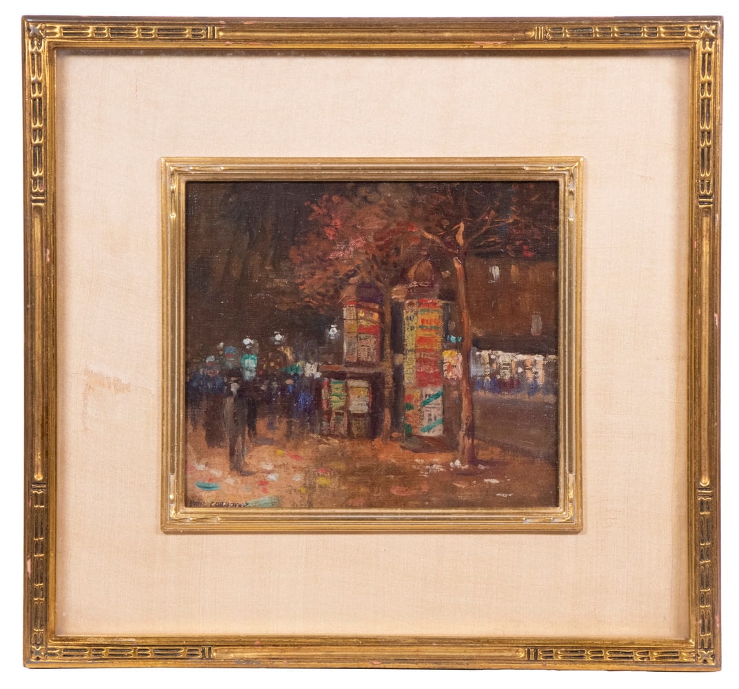 PAUL CORNOYER (NY/MO, 1864-1923): Paris Street Scene, oil on linen, laid to board, signed lower left, housed in Newcomb-Macklin gilt matched corner shadowbox frame with cream silk mat, under glass, OS: 12 1/2" x 13 1/4", SS: 6 1/2" x