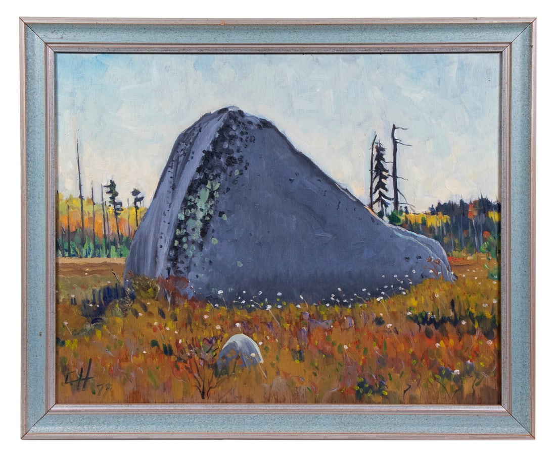 CHRIS HUNTINGTON (ME/OH, 1938 -): Moraine Boulder in Blueberry Field, Maine, oil on masonite, initialed lower left and dated '73, in blue and silver painted cove frame, OS: 18" x 22", SS: 15" x 19".