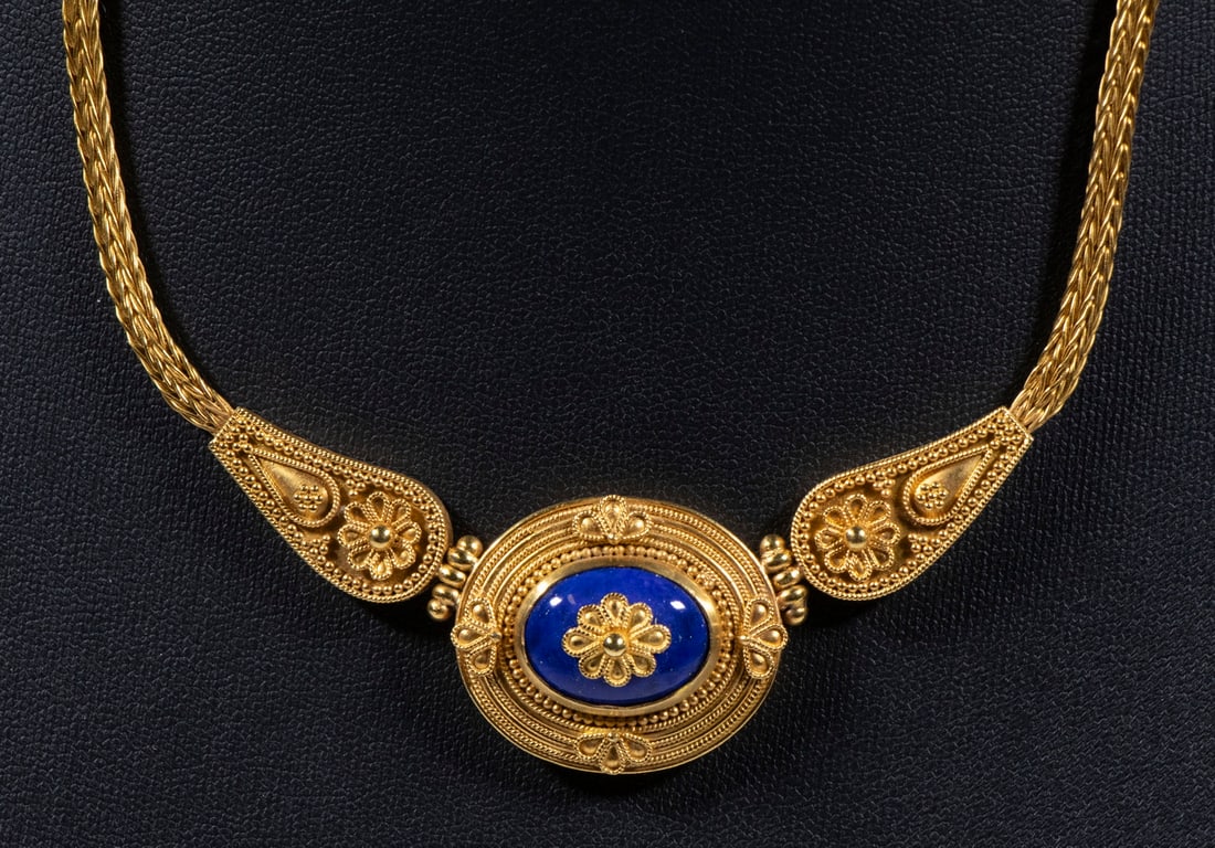22K GOLD ETRUSCAN STYLE LAPIS CENTER NECKLACE (1 of 3)