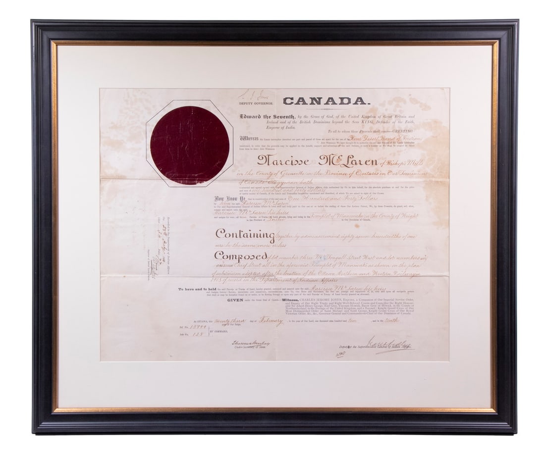 1910 INDIAN LAND GRANT, CANADA, FRAMED: Dated Feb 23, 1910, made out to Narcisse McLaren of Bishop Mills, Ontario, for 87/100 acres in Maniwaki, County of Wight, Quebec, between McDougall Street West & Chief Street, for 140 dollars. Retaini