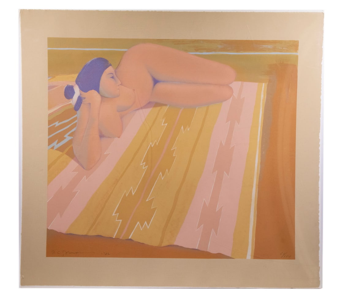 R.C. (RUDOLPH CARL) GORMAN (NM/AZ/CA, 1932-2005): Navajo Blanket, 1982, color lithograph, pencil signed, dated and numbered XX/XXV (20/25), depicting a nude woman reclining on a Navajo blanket, there was a later edition of 200, printed and published