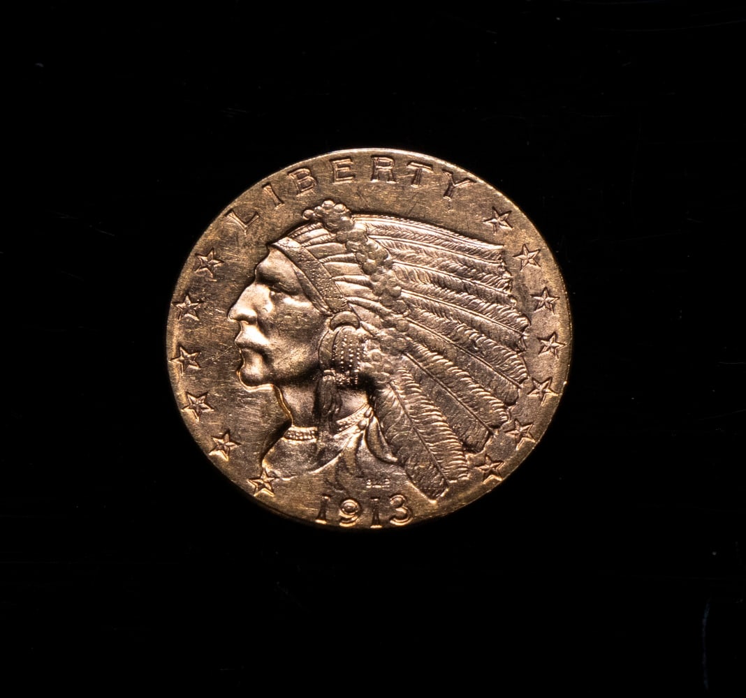 1913 INDIAN HEAD $2.50 GOLD COIN: CH AU-58
