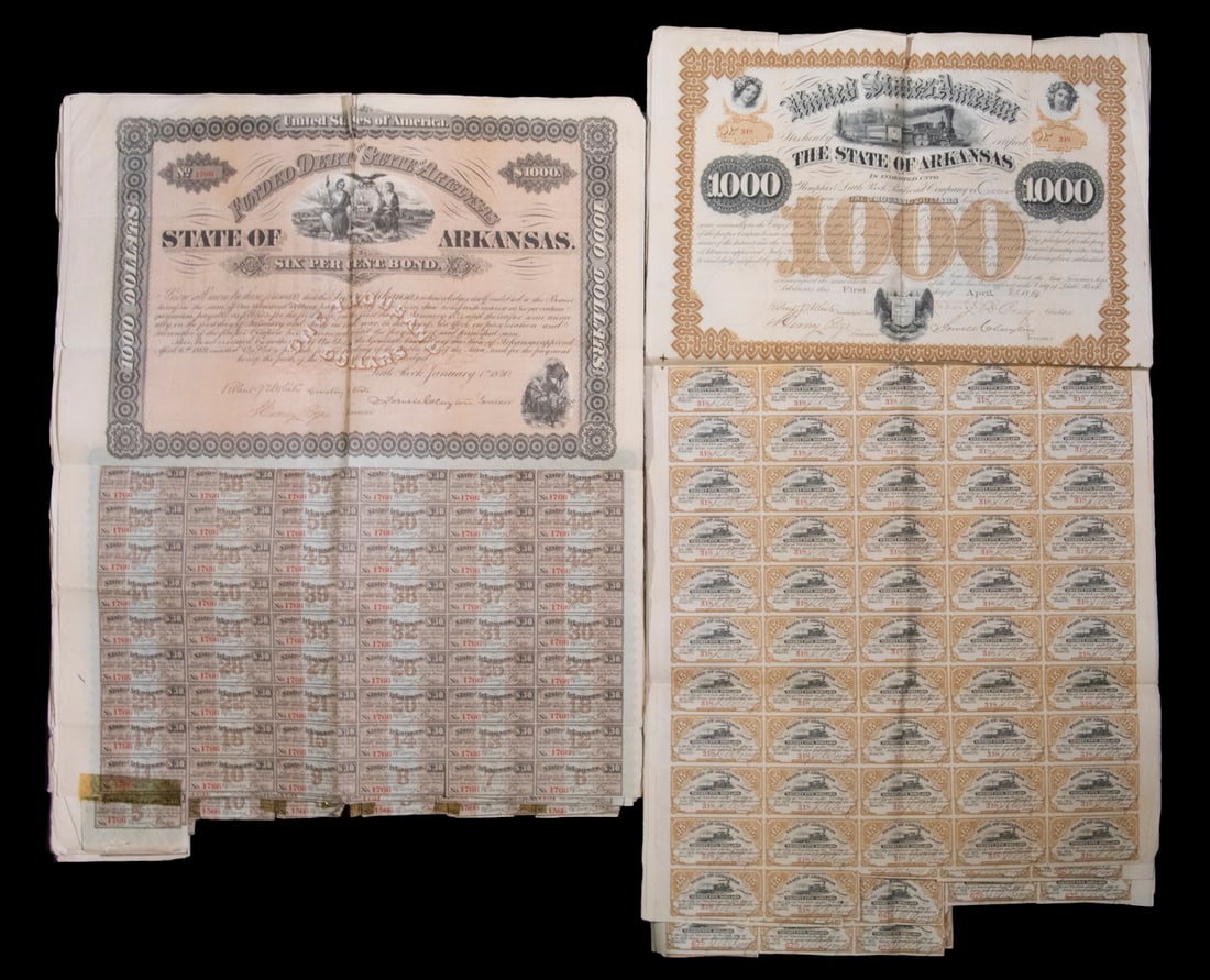 COLLECTION OF (35) BOND CERTIFICATES, 1869-1870, STATE OF ARKANSAS, WITH COUPONS: Including: (30) State of Arkansas $1,000 Bonds Funded Debt of State, signed by Civil War General & Gov. Lowell Clayton, Secy State Robert J.T. White, Treasurer Henry Page. Jan 1870, with coupons, only