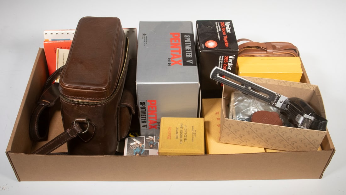 GROUP OF CAMERAS & ACCES, KODAK RETINA IIC & IIIC, POLAROID AUTOMATIC 100 LAND CAMERA PENTAX & (1 of 2)