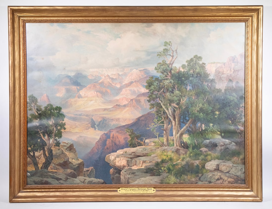 GRAND CANYON CHROMOLITHO, AFTER THOMAS MORAN (PA/CA, 1837-1926): Large Framed Print, after Thomas Moran's 1912 work "Grand Canyon of Arizona from Hermit Rim Road", the image used by the Santa Fe Railroad in the early 20th c. to promote travel to the Grand Canyon ar