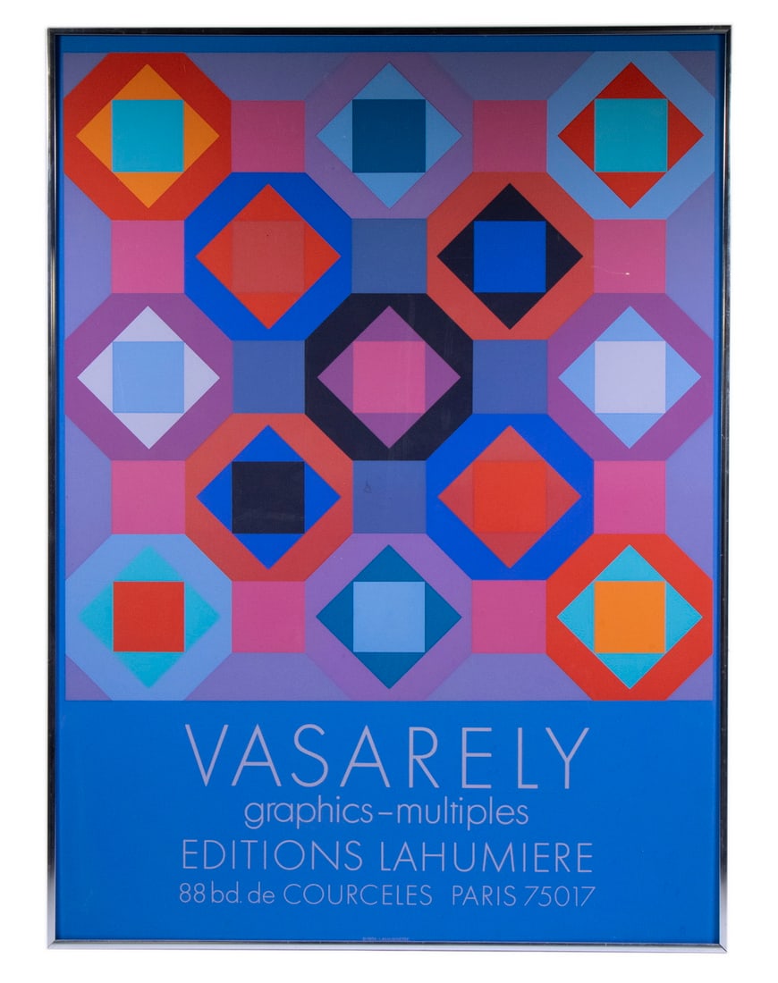 AFTER VICTOR VASARELY (FRANCE/HUNGARY, 1906-1997): 1974 Exhibition Poster "Vasarely, graphics - multiples, Editions Lahumiere, 88 bd. de Courceles Paris 75017", serigraph, published by Lahumiere, in chrome casement frame, 38" x 28", light rubs and scr