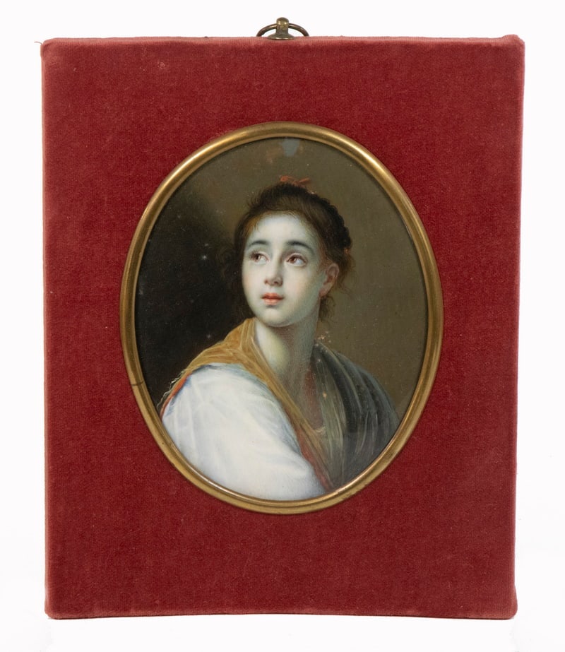 LARGE 19TH C. OVAL OIL ON IVORY PORTRAIT OF A BEAUTIFUL YOUNG WOMAN: Bust Portrait of a Brown haired, brown-eyed Woman in Corsican Costume, mid-19th c., unsigned, in rectangular wine velvet covered mount, with oval brass bezel and domed glass, 8 1/2" x 6 3/4" mount, 5 