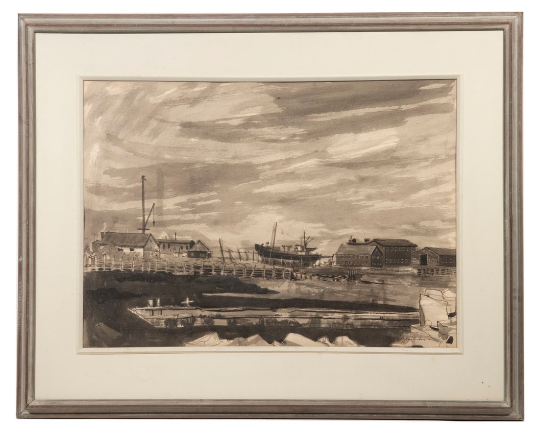 MORRIS BLACKBURN (PA/NM, 1902-1979): Ship Yard, Rockport, Maine, black ink on paper, signed lower right, in weathered grey molded frame, dimensional cream mat, OS: 32 1/2" x 40 1/2", SS; 21 1/2" x 29 1/2". Good condition. Inscribed verso