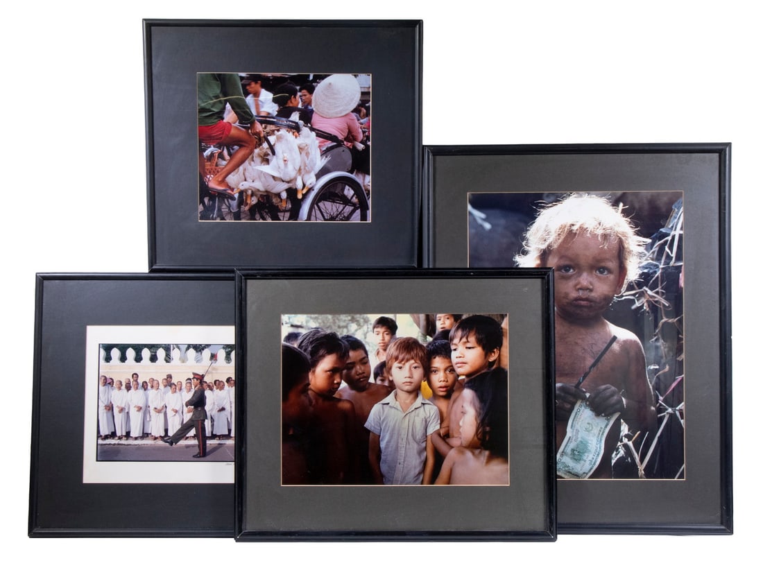 (4) PHOTOS OF VIETNAM & CAMBODIA BY PHOTOJOURNALISTS: Large format framed color cibachrome photos, including three of Viet Nam by Dominic Faulder (one with label from Bureau Bangkok "Last Laugh, Saigon, Dec, '84"; and one of Phnom Penh, Cambodia by John 