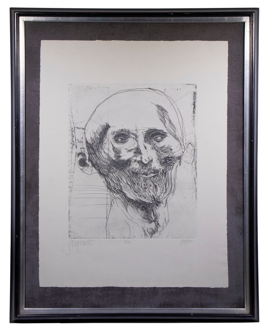 LEONARD BASKIN (MA/NY, 1922-2000): Gericault, etching on Rives paper, 1969, pencil signed, titled and numbered VI/XLV, ref. Fern 535, in black reverse ogee frame with silverleaf liner, the sheet floated over black linen under UV glass,